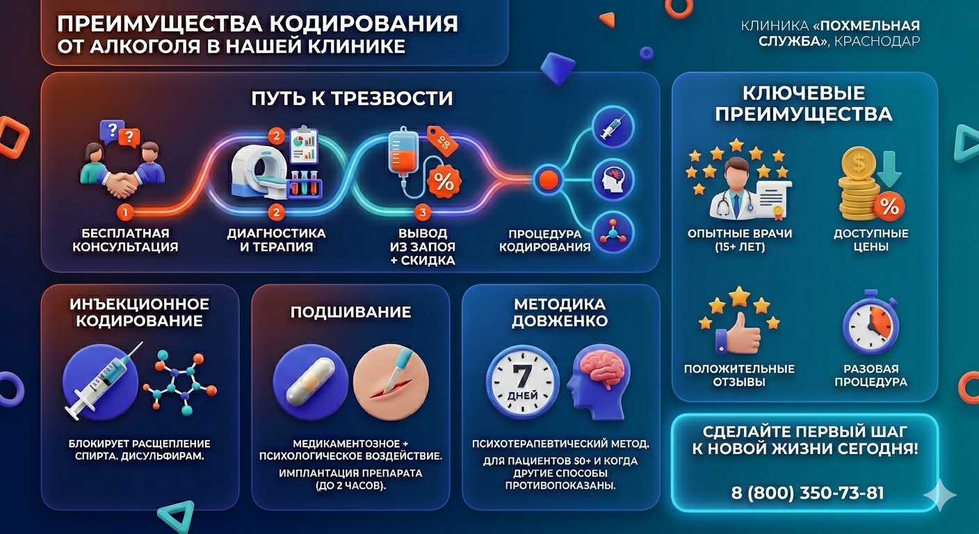 Инфографика о методах кодирования от алкоголя в Великом Устюге: инъекции, подшивание, метод Довженко. Преимущества клиники и этапы лечения.